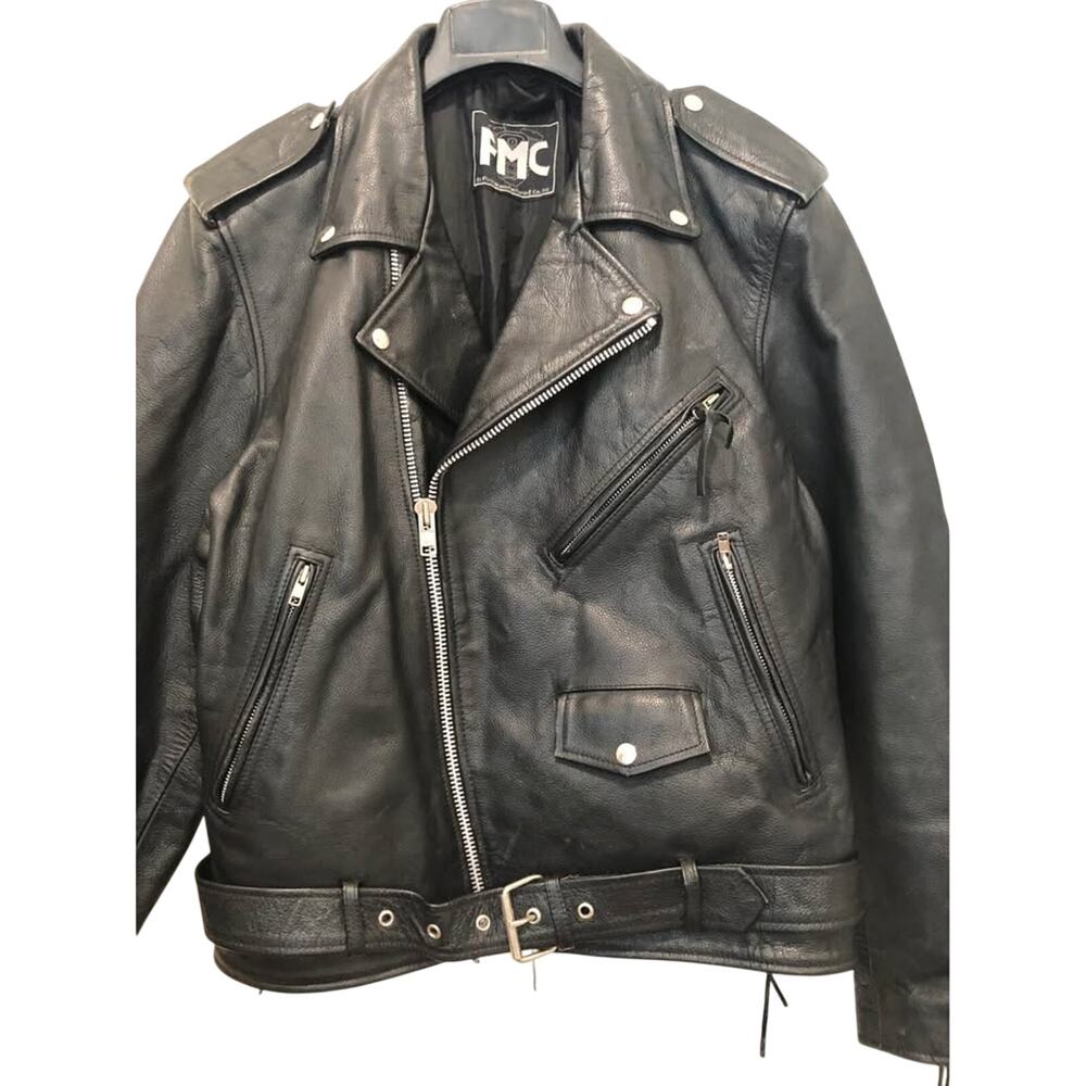 Vintage FMC First Black Leather Motorcycle Jacket Size 48